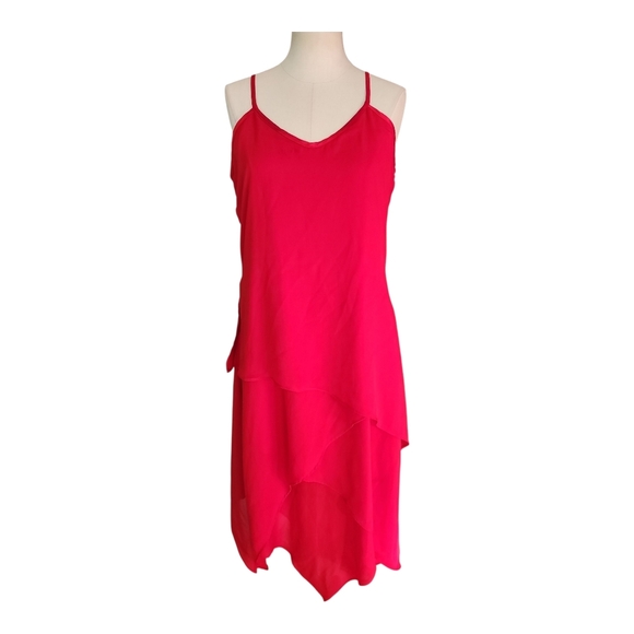 Newport News Red Asymmetrical Hem Dress | Size 10 | Spaghetti Strap Midi - Picture 1 of 9